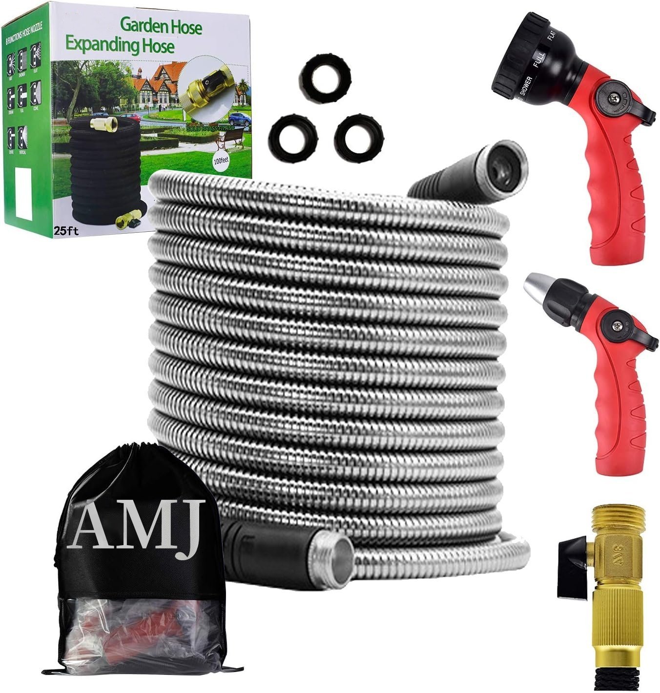 AMJ High Pressure Heavy Duty Long Water Hose Spray Nozzle 25ft 50ft 100ft Retractable Brass Expandable Garden Hose